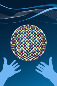 Iphone application icons in world shape and two hands throwing on blue background. Vector file layered for easy manipulation and customisation.
