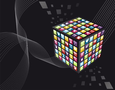 Smartphone application icons in cube shape on black background. Vector file layered for easy manipulation and customisation.