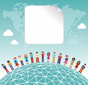 Social media network connection concept with empty label and World map background. Vector file layered for easy manipulation and customisation.