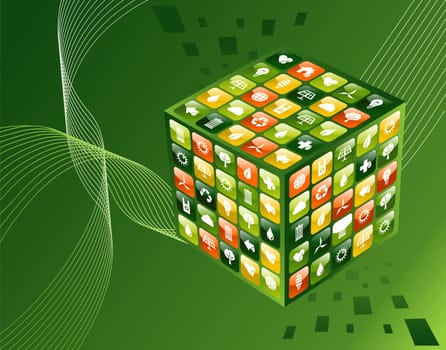 Eco friendly iphone app cube with icon set background. Vector file available.
