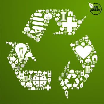 Go green icons set in recycle symbol shape background. Vector file available.