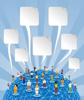 Social media people network connection concept with blank bubbles speech over World globe. Vector file layered for easy manipulation and customisation.