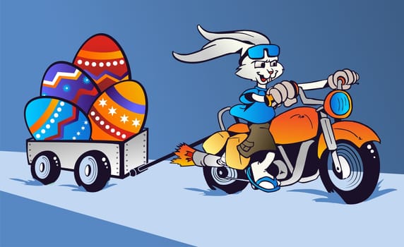 Cartoon rabbit mounted on a motorcycle transporting huge Easter eggs on blue background.  Vector file Layered for easy manipulation and custom coloring.
