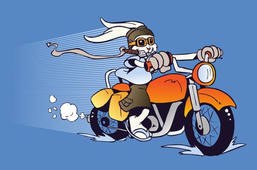 One rabbit mounted on a motorcycle  background in cartoon style illustration. Vector file layered for easy manipulation and custom coloring.