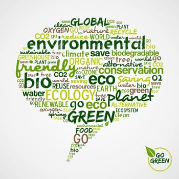 Go Green.  Social media speech with words cloud about environmental conservation. Vector file available.