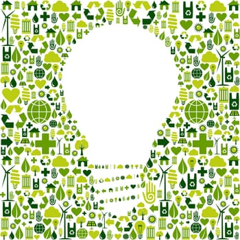 Ideas about eco friendly actions. Green icons in light bulb symbol shape background. Vector file available.