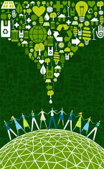 Green environment icons set splash over happy eco people globe.  Vector file available.