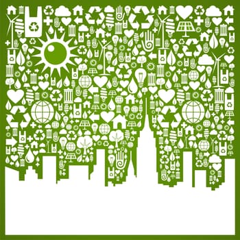 Green icons set in city silhouette background. Vector file available.