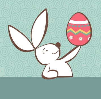 One Easter bunny with painted Easter egg in the hand on pastel green background. Vector file layered for easy manipulation and custom coloring.