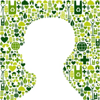 Human head silhouette made with green icons set background. Vector file available.