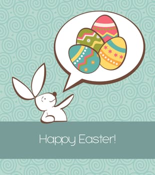 One Easter bunny with painted eggs in a social speech dialogue bubble in pastel colors.Vector file layered for easy manipulation and custom coloring.