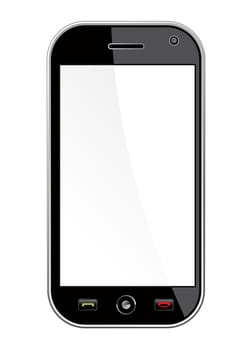 Generic black smartphone isolated over white with blank space for your own design or image. Useful for mobile applications presentation. EPS 8 vector, cleanly built with no open shapes or strokes. Grouped and ordered in layers for easy editing.