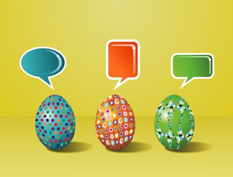 Communicative social media eggs decorated for Happy Easter on yellow background. Vector file layered for easy manipulation and customisation.