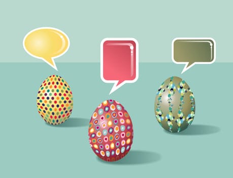 Social media talking eggs set decorated for Happy Easter with colorful dialogue bubbles on pastel colors background. Vector file layered for easy manipulation and customisation.