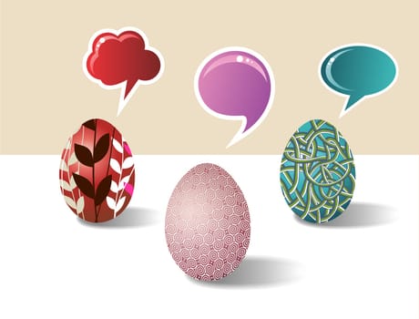 Social media eggs set decorated for Happy Easter with colorful dialogue bubbles on white background. Vector file layered for easy manipulation and customisation.