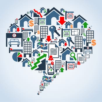 Real estate icon set in social media bubble shape background illustration. Vector file layered for easy manipulation and custom coloring.