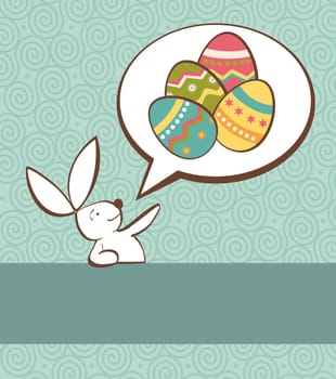 One Easter bunny with painted eggs in a social speech dialogue bubble in pastel colors.Vector file layered for easy manipulation and custom coloring.