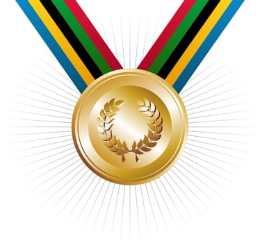 Olympics Games gold medal with ribbons in the colors which represents the five continents on white background. Vector file layered for easy manipulation and customisation.