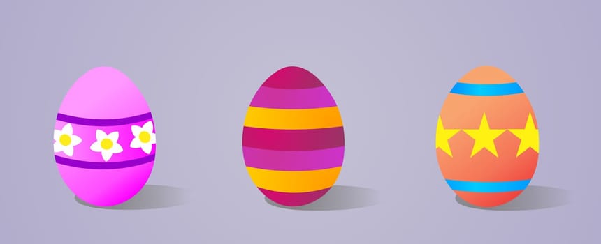 Three decorated eggs for Happy Easter over violet background. Vector file layered for easy manipulation and customisation.
