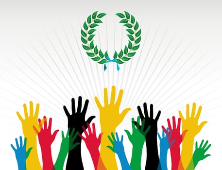 Colofull hands with a laurel wreath with a sky blue ribbon over white background. Vector file layered for easy manipulation and customisation.