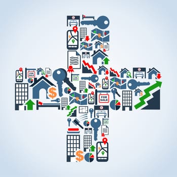 Real estate icon set in cross symbol shape background illustration. Vector file layered for easy manipulation and custom coloring.