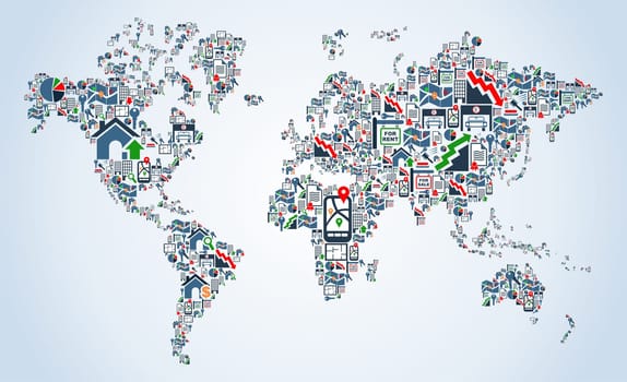 Real estate icon set in Earth Globe map shape background illustration. Vector file layered for easy manipulation and custom coloring.