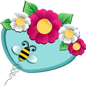 Spring time concept: bee on the spring flower with label isolated over white background.