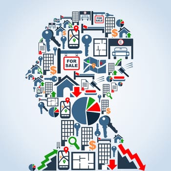 Real estate icon set in man head shape background illustration. Vector file layered for easy manipulation and custom coloring.