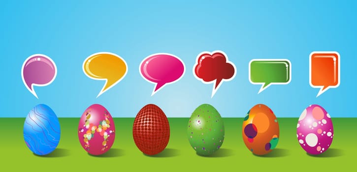 Social media eggs set decorated for Happy Easter with colorful dialogue bubble on blue and green background. Vector file layered for easy manipulation and customisation.