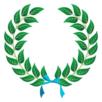 Laurel wreath with a sky blue ribbon over white background. Vector file layered for easy manipulation and customisation.