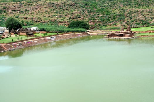 Historical Bhuthanatha Group of Temples on southern and northern end of Agastya Teertha Lake, Badami, Karnataka, India, Asia