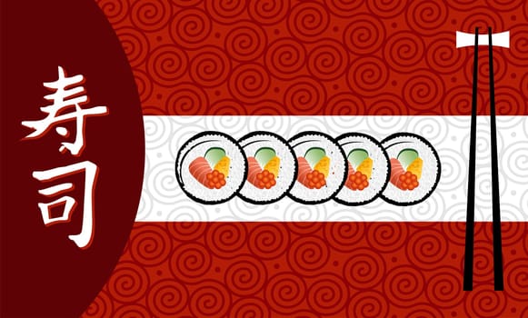 Sushi banner with ideogram handwritten over red background. Vector file layered for easy manipulation and custom coloring.