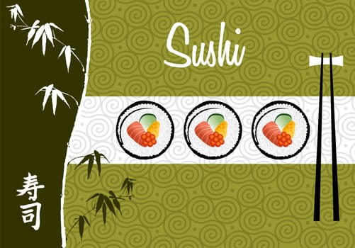 Handwritten Sushi banner over white and green background illustration. Vector file layered for easy manipulation and custom coloring.