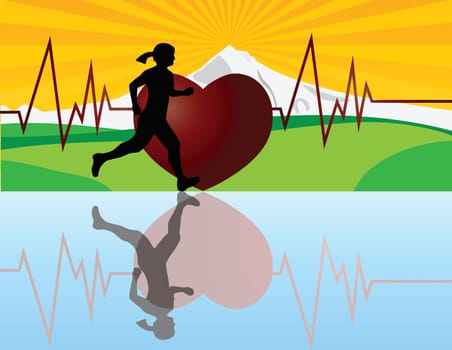 Female Jogger Running with Mountain Landscape and Heartbeat Background Illustration