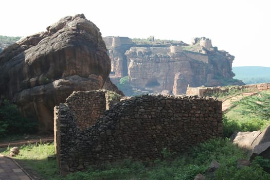 View of southern hill and fort from northern hill at Badami, Karnataka, India, Asia