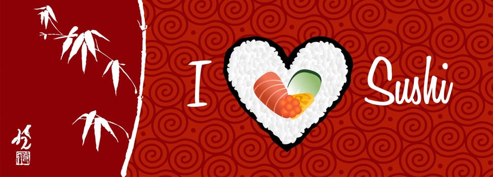 I love sushi banner handwritten in white over red background. Vector file layered for easy manipulation and custom coloring.