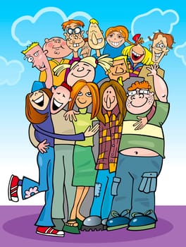cartoon illustration of teenagers group in a hug