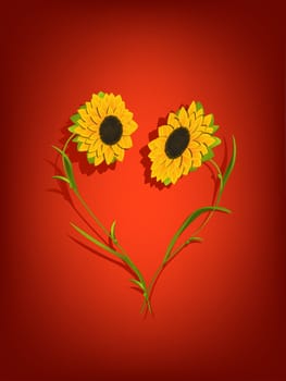 Decorative background with sunflowers forming a heart shape. Transparency effect and mesh gradient used.