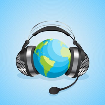 Conceptual graphic for online chat, worl communication with headphones over a globe. Abstract art