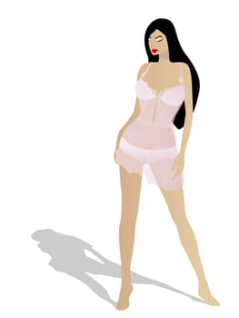 Illustration of a brunette girl wearing night lingerie. Image contains transparency effect.