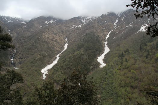 Landscape with frozen streams along trekking path, Yamunothri, Uttarakahand, India, Asia