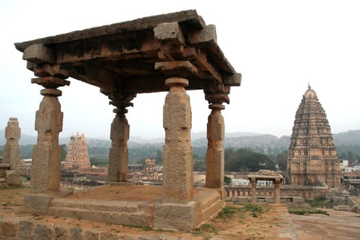 View of temple towers from Hemakoota hill, Hampi, Karnataka, India, Asia