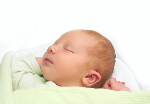 Closeup of Sleeping Newborn Baby on White Background