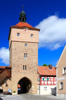 The Upper Gate in Wolframs-Eschenbach,birthplace of the Parzival poet Wolfram von Eschenbach,Bavaria,Germany - part of the medieval city fortifications