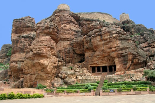 Fort atop rocky mountain and first cave temple at Badami, Karnataka, India, Asia