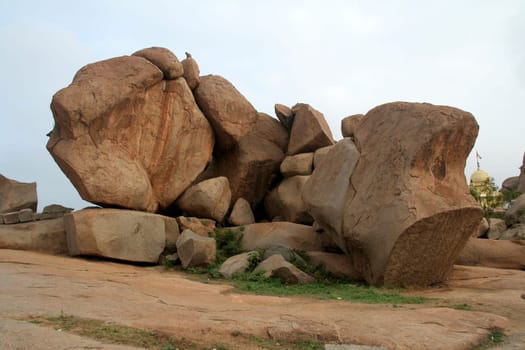 Natural assembly of huge rock boulders on Hemakoota Temples Hill at Hampi, Karnataka, India, Asia