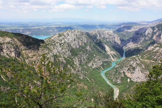 The Verdon Gorge (Gorges du Verdon) in the south of France with the Lac de Sainte-Croix reservoir in the background.