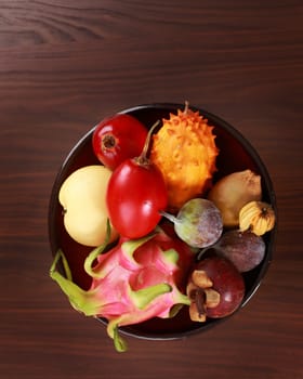 Exotic fruits - mangosteen, fig, mango, Asian pear, dragon fruit, horned melon, tamarillo