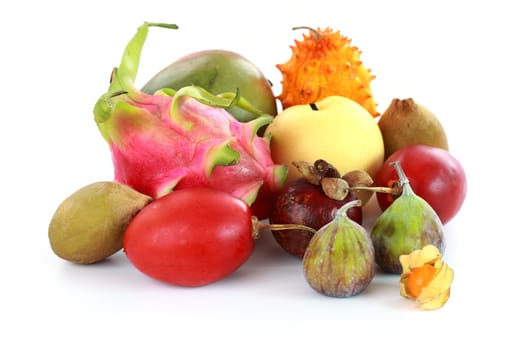 Exotic fruits - mangosteen, fig, mango, Asian pear, dragon fruit, horned melon, tamarillo
