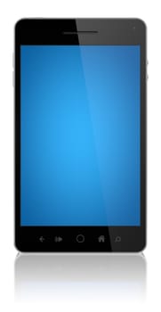 Modern smart phone with blue screen isolated on white.
